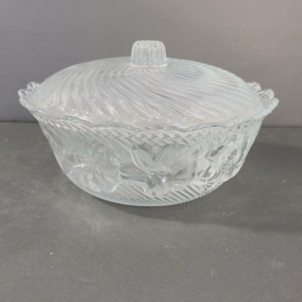 KIG Covered CANDY DISH Clear Glass Swirl Embossed Flowers Scalloped Rim Vintage